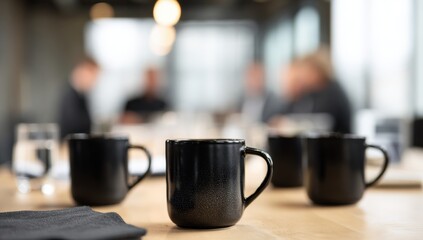 Obraz premium Gathering around a table with dark ceramic mugs creates a warm and inviting atmosphere perfect for conversation and connection.