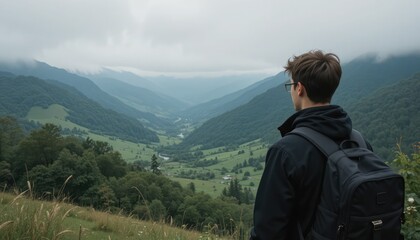 Naklejka premium Man with backpack gazing at a lush green mountain valley