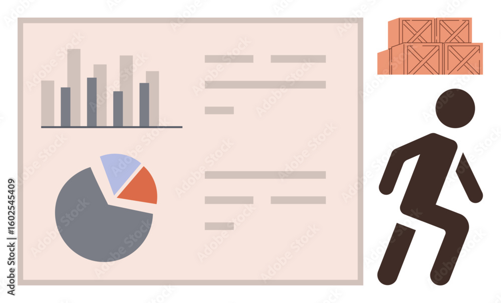 Poster analysis dashboard with bar and pie charts, stock inventory boxes, and a worker symbolizing logistic