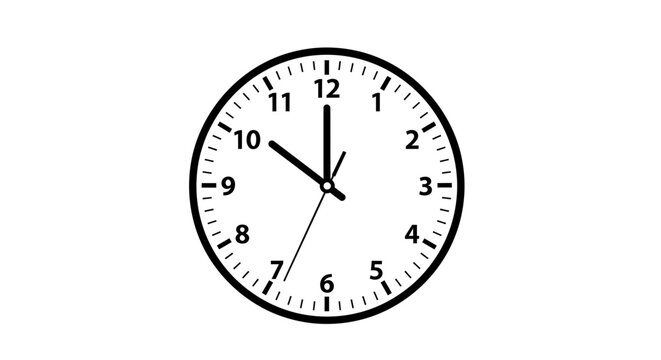 Classic black and white clock face displaying ten o'clock with precise hour and minute hands, minimalist timeless symbol conveying punctuality and