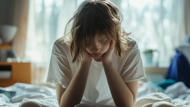 A child sits dejectedly on the bed's edge, surrounded by unmade sheets and scattered items, highlighting a sense of depression and overwhelm.