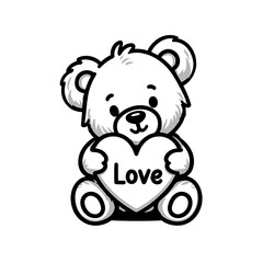 Fototapeta premium Cute cartoon teddy bear holding a heart that says Love.