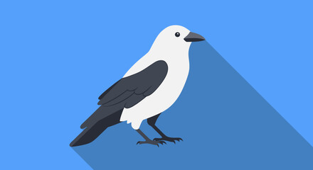 Obraz premium Isolated digital artwork depicting a black and white bird, crow, standing on a blue background with a flat design aesthetic for decorative or