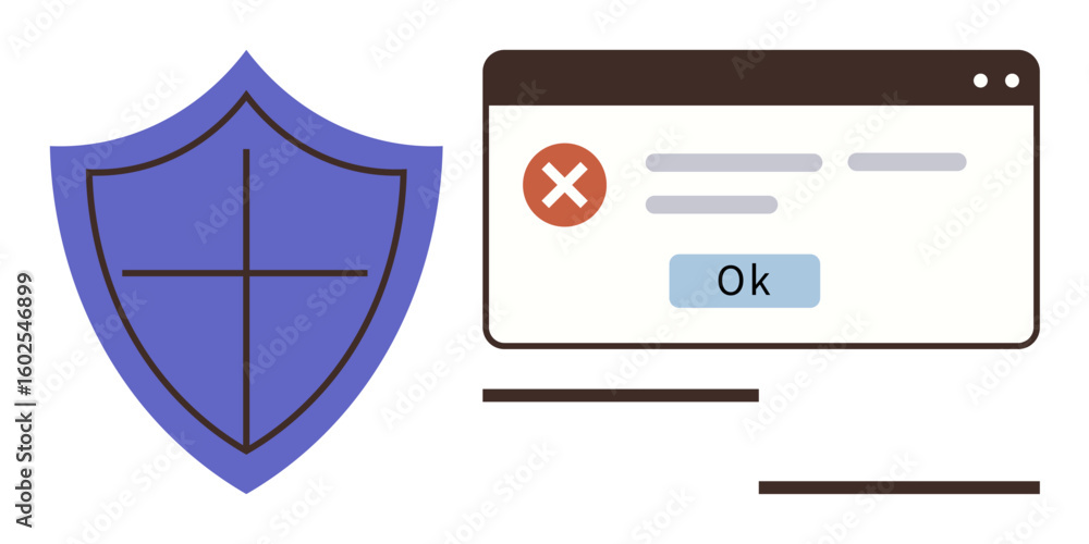 Poster large shield symbol beside popup window with warning message and close button. ideal for cybersecuri