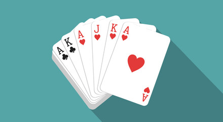Obraz premium Winning Hand: Royal Flush in Hearts Depicted on a Crisp Turquoise Background with Modern Shadow Style
