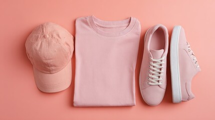 Pink t shirt sneakers and cap apparel fashion trendy outfit flat lay style