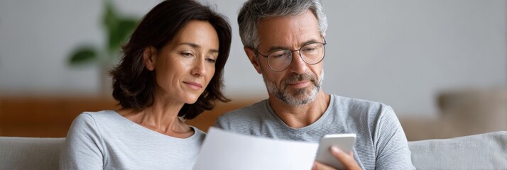 Serious middle aged couple sitting on sofa at home managing domestic finances, calculating monthly expenses or planning budget using calculator on smartphone and paper documents