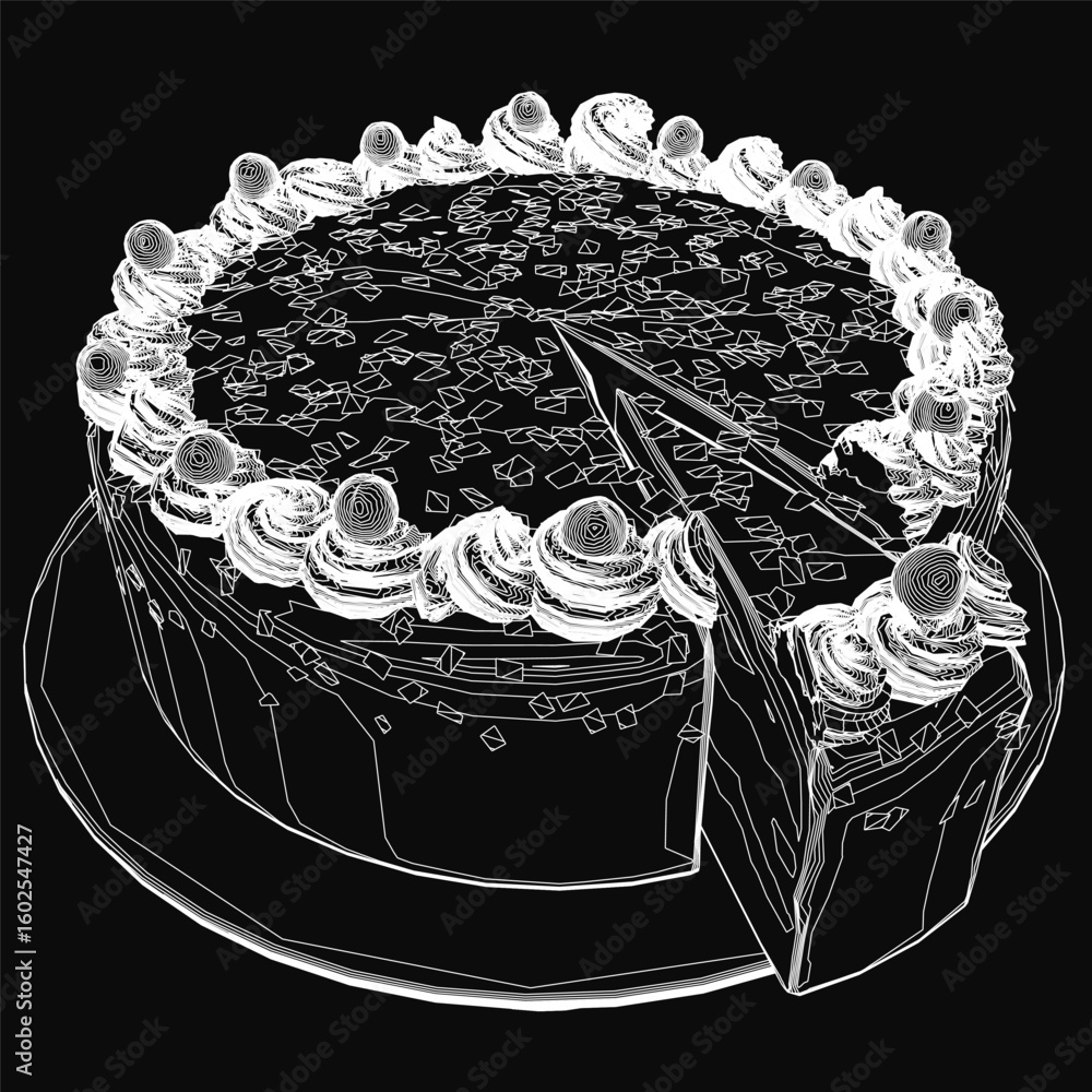 Poster black and white contour drawing of a cake with a missing slice, placed on a dark background. simple 