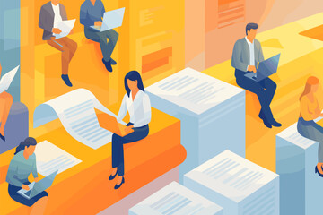 Office Workflow: Vector illustration of people working on laptops amidst stacks of documents. Business, teamwork, productivity, workplace concept. Modern, vibrant.
