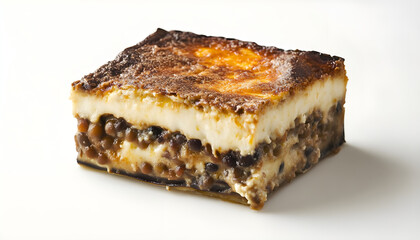 Vegetarian moussaka slice presented on a clean white background showcasing layers of eggplant, lentils, and creamy topping