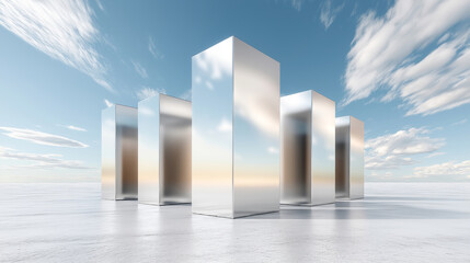 Reflective metallic monoliths under partly cloudy sky in serene landscape