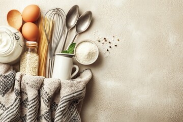 Kitchen supplies and ingredients arranged on a light beige surface.  Eggs, pasta, flour, spices, and utensils are grouped together, nestled in a cloth napkin
