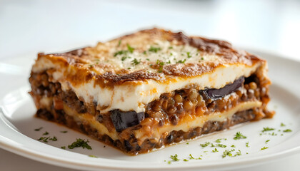 Vegetarian moussaka slice presented on a clean white background showcasing layers of eggplant, lentils, and creamy topping