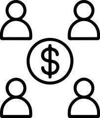 Four people icons surrounding a dollar coin symbolizing financial collaboration or investment