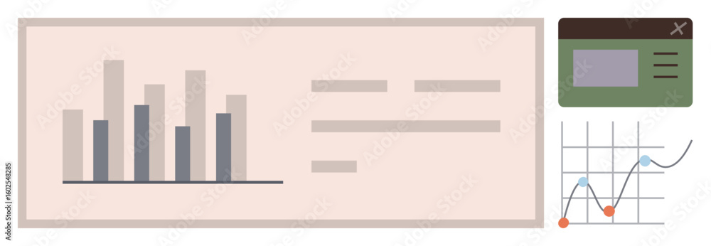 Poster bar chart, line graph with data points, and detailed analytics interface highlight data visualizatio