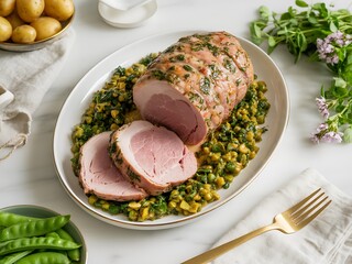 Delicious roasted pork loin served with peas and potatoes on a white platter