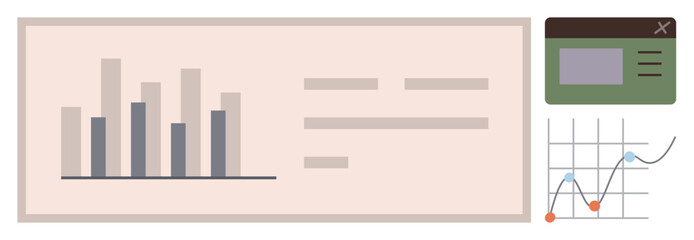 Bar chart, line graph with data points, and detailed analytics interface highlight data visualization and interpretation. Ideal for business strategy, analysis, statistics, reporting, marketing