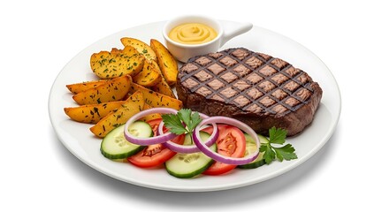 Juicy grilled steak with crispy potato wedges and fresh salad on a white plate