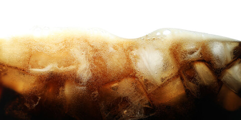 Refreshing cola with ice isolated on white, closeup
