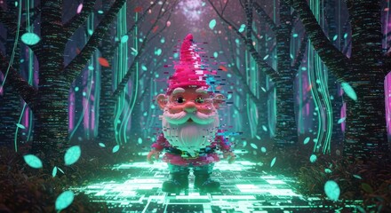 Digital gnome in forest with neon lights and glitch effect