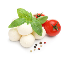 Tasty mozzarella cheese balls, tomatoes, basil and peppercorns isolated on white