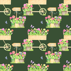 Hand drawn watercolor flowers in pots boxes and a cart. Palisade composition seamless pattern isolated on green background. Can be used for textile, fabric, scrapbook and other printed products.