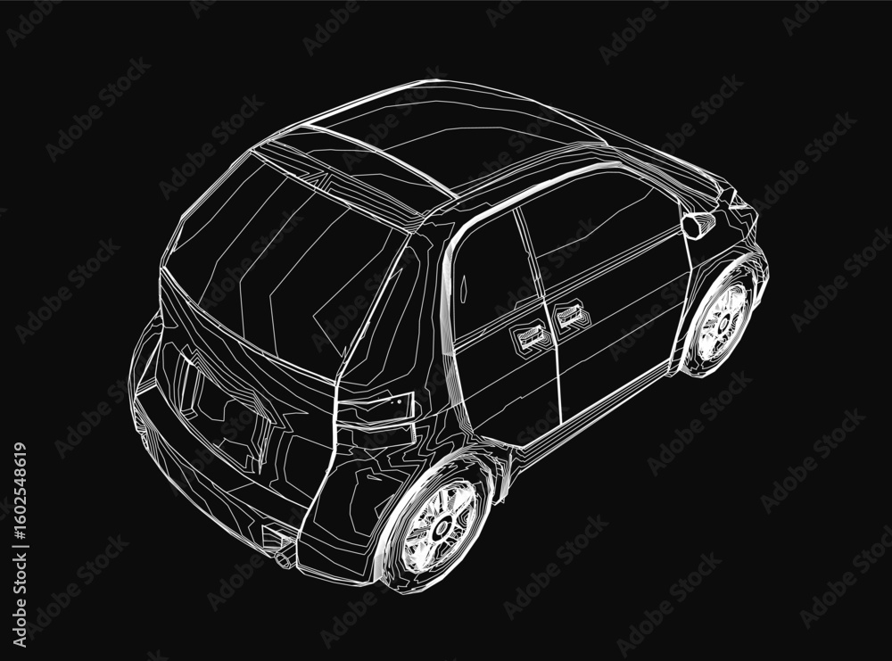 Poster a small car 3d model displays sleek contours and modern design on a black background. the detailed r