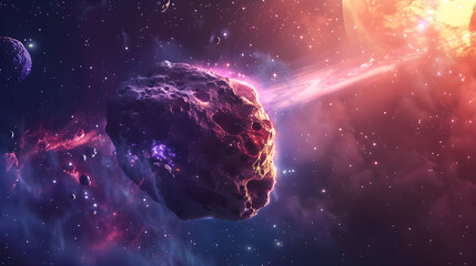 Fantastic asteroid in surreal style with abstract purple space background
