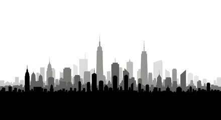 Obraz premium Silhouette of a cityscape skyline with various skyscrapers and buildings against a white background, creating a stark contrast.