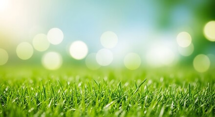Vibrant green grass blades in sharp focus with a soft bokeh background of sunlight