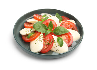 Tasty salad Caprese with mozzarella, tomatoes, basil and spices isolated on white