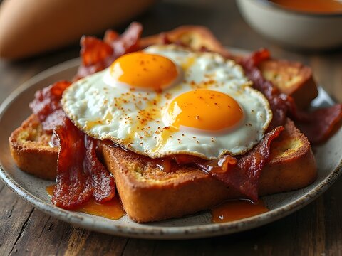 French Toast with a Savory Bacon Twist: Thick slices of French toast topped with crispy bacon, sunny side eggs, and a drizzle of maple chili glaze — a sweet and savory breakfast twist.