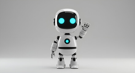 Cute white robot character waving, digitally rendered.