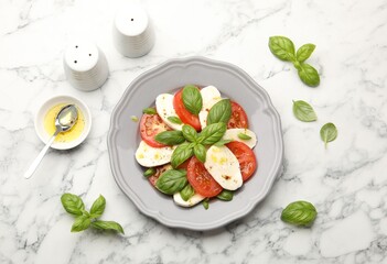 Tasty salad Caprese with mozzarella, tomatoes, basil and spices on white marble table, flat lay
