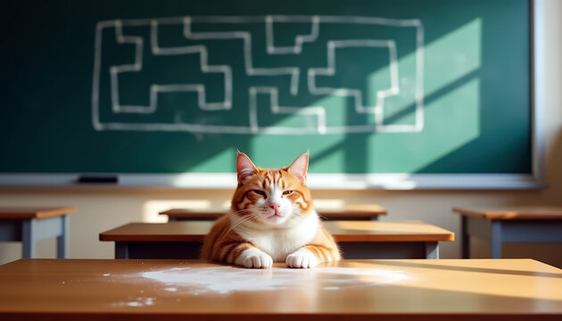 classroom puzzle time with cat; ginger tabby cat lying on desk with chalk maze on blackboard in sunny schoolroom. Smart and smug student