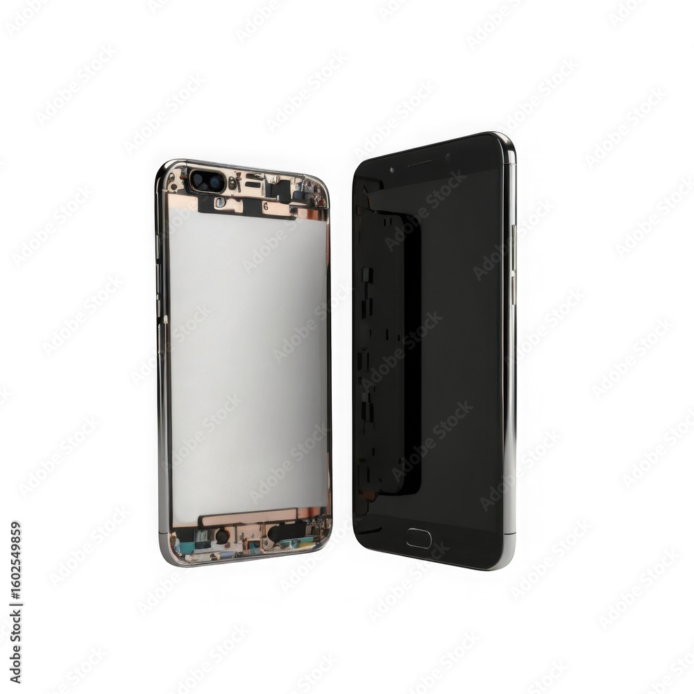 Poster photo of a disassembled smartphone showing its internal components isolated on transparent backgroun