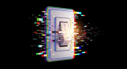 Digital phone glitch effect with data streams and abstract background