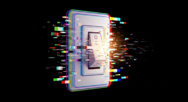 Digital phone glitch effect with data streams and abstract background