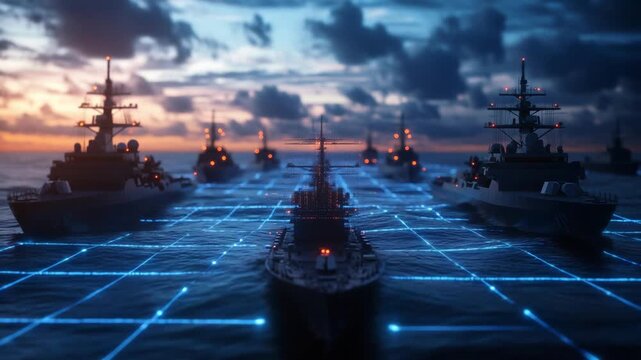 Experience a cutting-edge command interface with real-time strategy grids showcasing naval vessels, aircraft, and satellite links over the ocean.