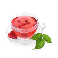 Tasty raspberry tea, berries and leaves isolated on white