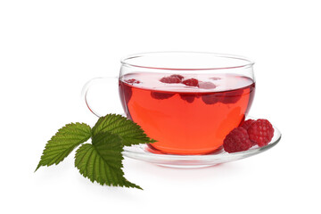 Tasty raspberry tea, berries and leaves isolated on white