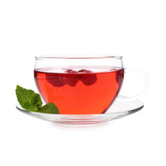 Tasty raspberry tea, berries and leaves isolated on white