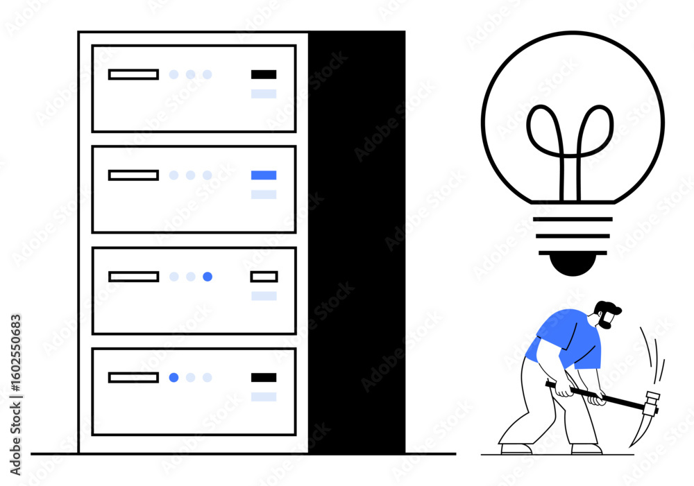 Aufkleber stack of servers beside a worker smashing a glowing light bulb with a sledgehammer. ideal for proble