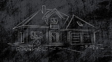 Linear architectural sketch detached house on dark grunge background vector illustration
