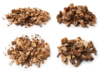 Chicory. Dry pieces of root isolated on white, set. Top and side view