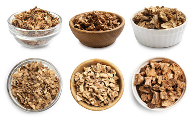 Pieces of dry chicory root in bowls isolated on white, set. Top and side view