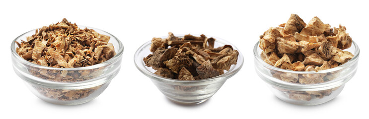 Pieces of dry chicory root in bowls isolated on white, set