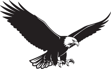 Bald eagle spreading majestic wings, black and white illustration of powerful bird of prey in flight, symbol of freedom and strength