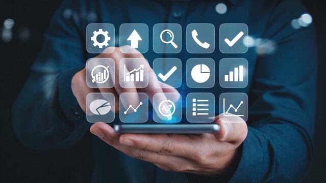 Man interacting with futuristic digital dashboard, accessing business analytics and data visualization on smartphone