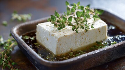 Tofu is arranged on a rustic plate, garnished with thyme and drenched in olive oil.